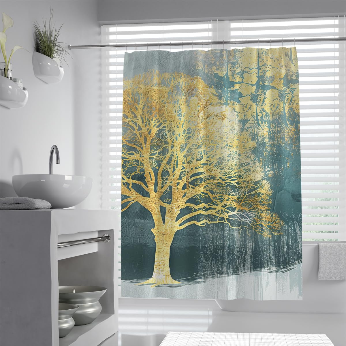 UIRINGART Creative Shower Curtains W200xL220cm Yellow Grey Green Big Tree Branch Pattern Mildew Mould Resistant Waterproof Fabric Bathroom Wet Room Tub