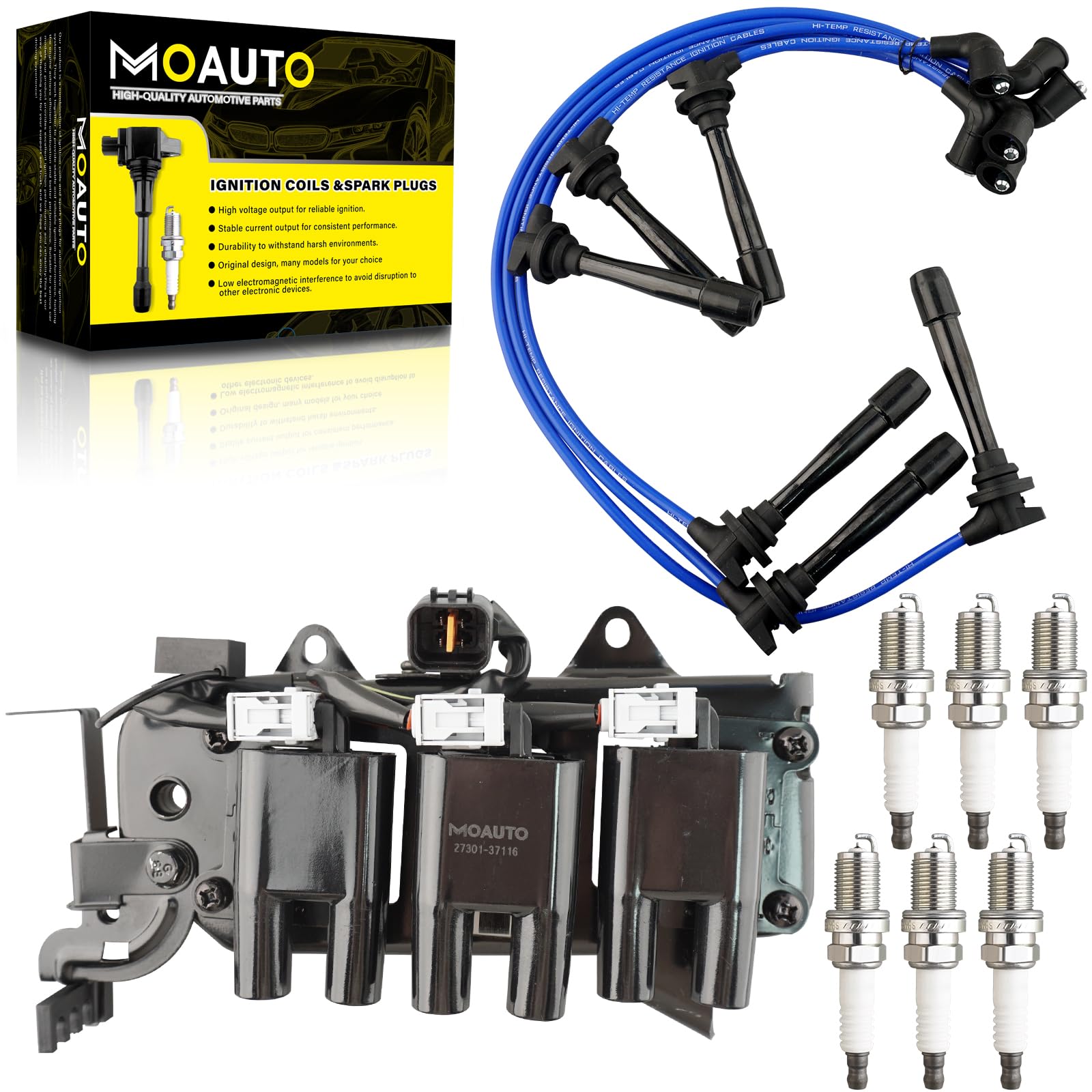 MOAUTO Set of 1 Ignition Coils Pack UF425 27301-37116 & 6 PCS Iridium Spark Plugs with Wire Set Compatible with Hyundai Santa Fe Tiburon 2.7L V6