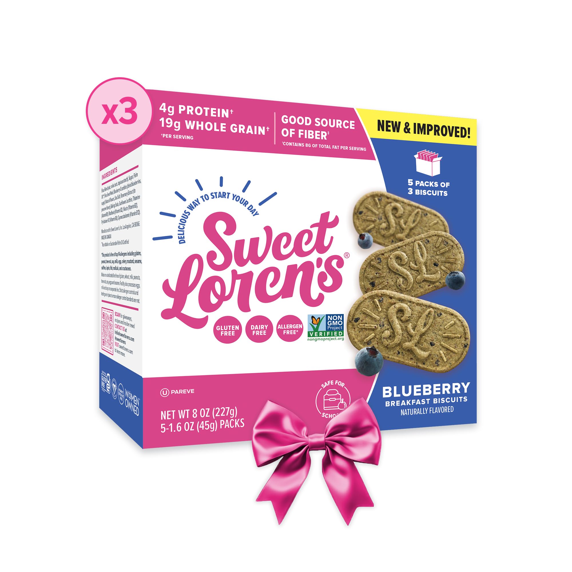 Sweet Loren's Vegan Breakfast Biscuits | Blueberry | 4g Protein, 19g Whole Grains | Plant Based, Gluten Free, Dairy Free, Nut Free Snacks | 3 Pack (15 Total Biscuits, 1.6 ounce each)
