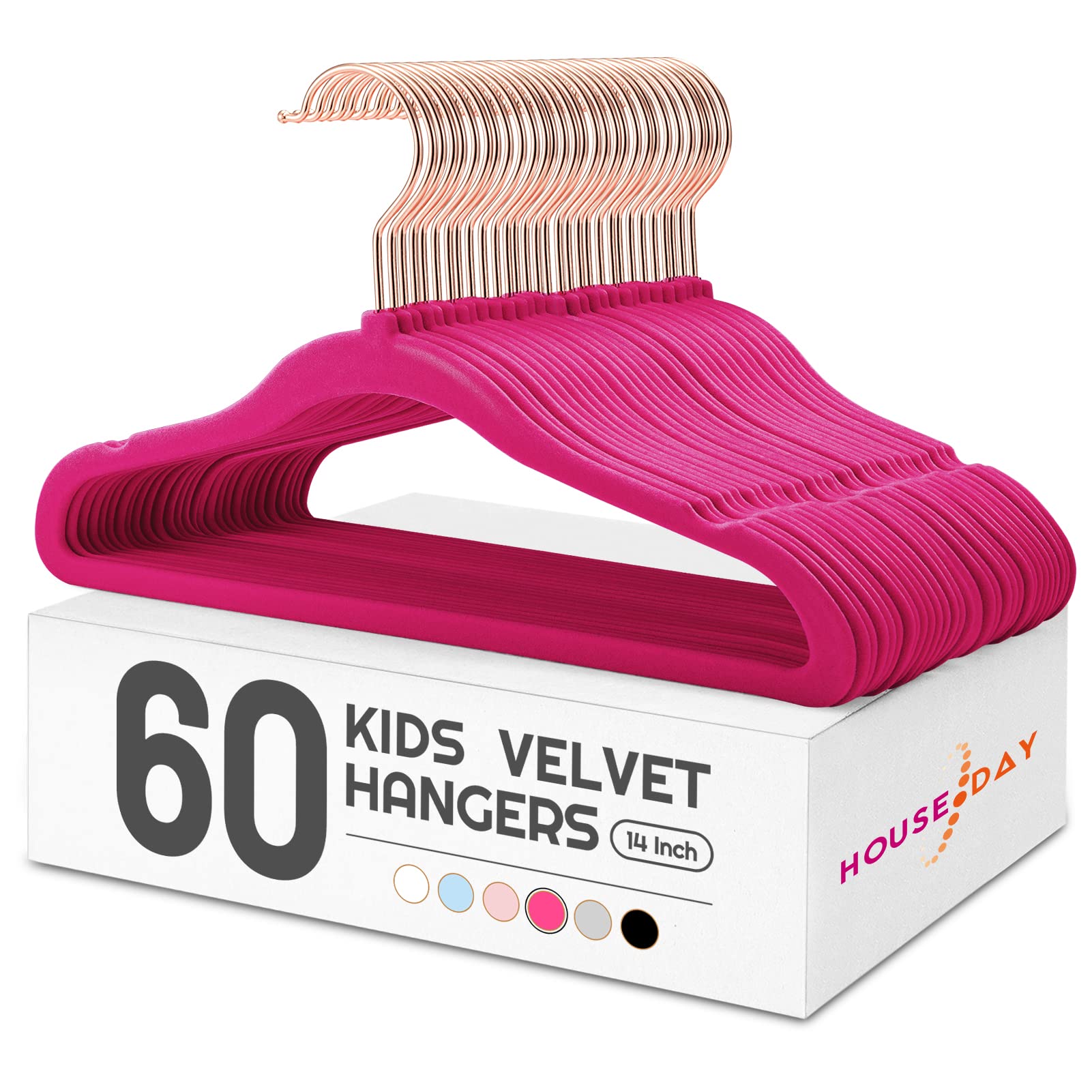 HOUSE DAY Velvet Kids Hangers 60 Pack, Premium Childrens Hangers for Closet, Ultra Thin Cute Clothes Hanger, Non Slip Small Felt Hanger 14 Inch for Kids Clothes, Hot Pink