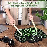 Vista 7 de YISSVIC Electronic Drum Set Electric Drum Set 9 Drum Pads Rechargeable Battery Roll Up Drum Portable with Headphone Jack Built-in Speaker Green