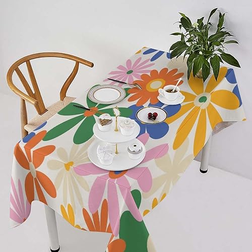 Vista 98 de Mantel floral retro de los años 70, diseño bohemio abstracto de flores amarillas naranjas para decoración de mesa de campo, granja, cocina, comedor