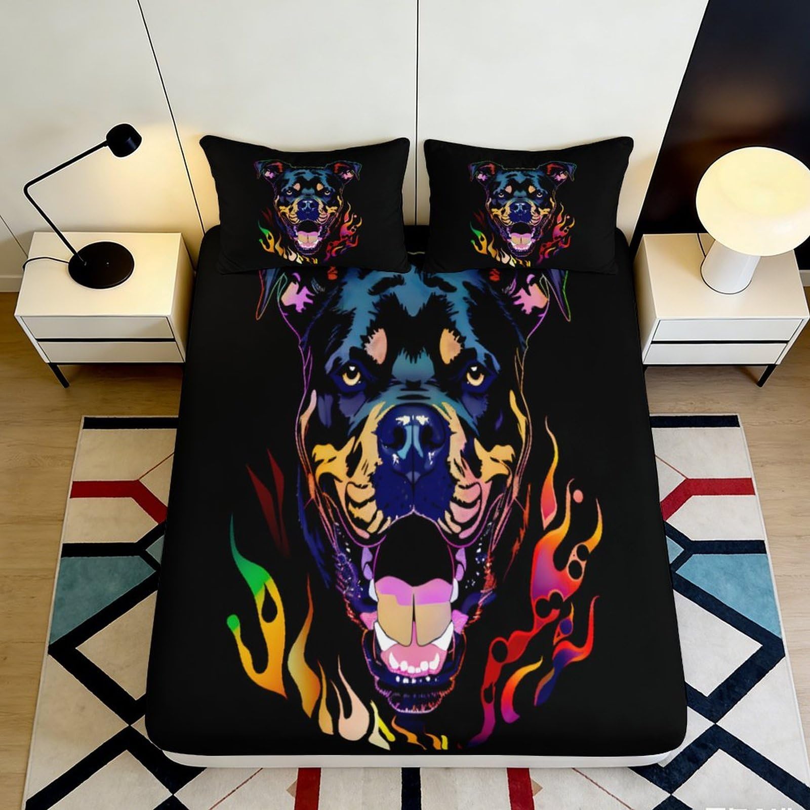 3D Printed Colorful Rottweiler Dog Fitted Sheet Microfiber Soft Durable Black Dog Pattern Mattress Cover for Bedroom Dormitory Guest Room Use 180x200x25cm
