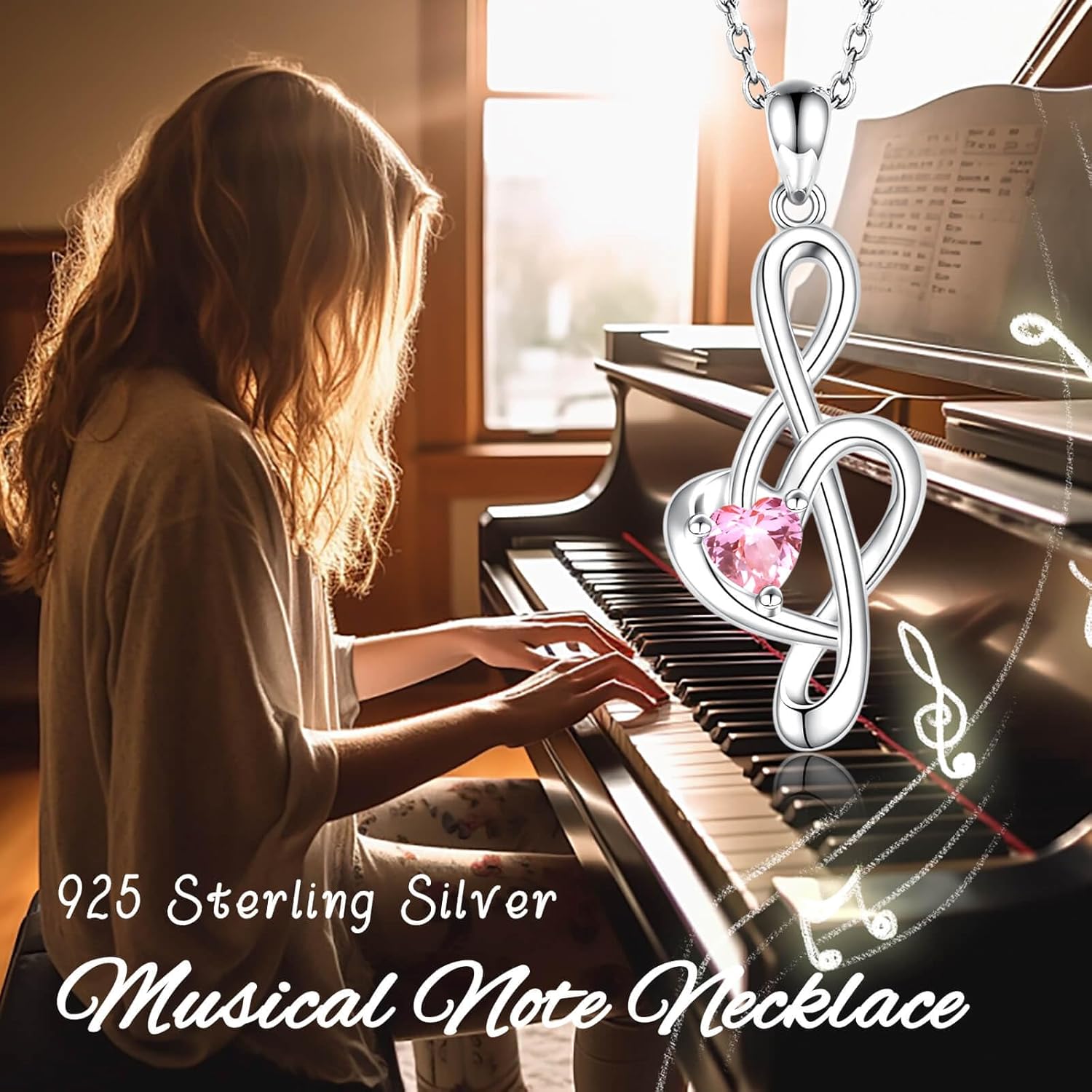Birthstone Music Note Pendant Necklace 925 sterling silver for Music Lover-Treble Clef Necklace Music Teacher Appreciation Gifts