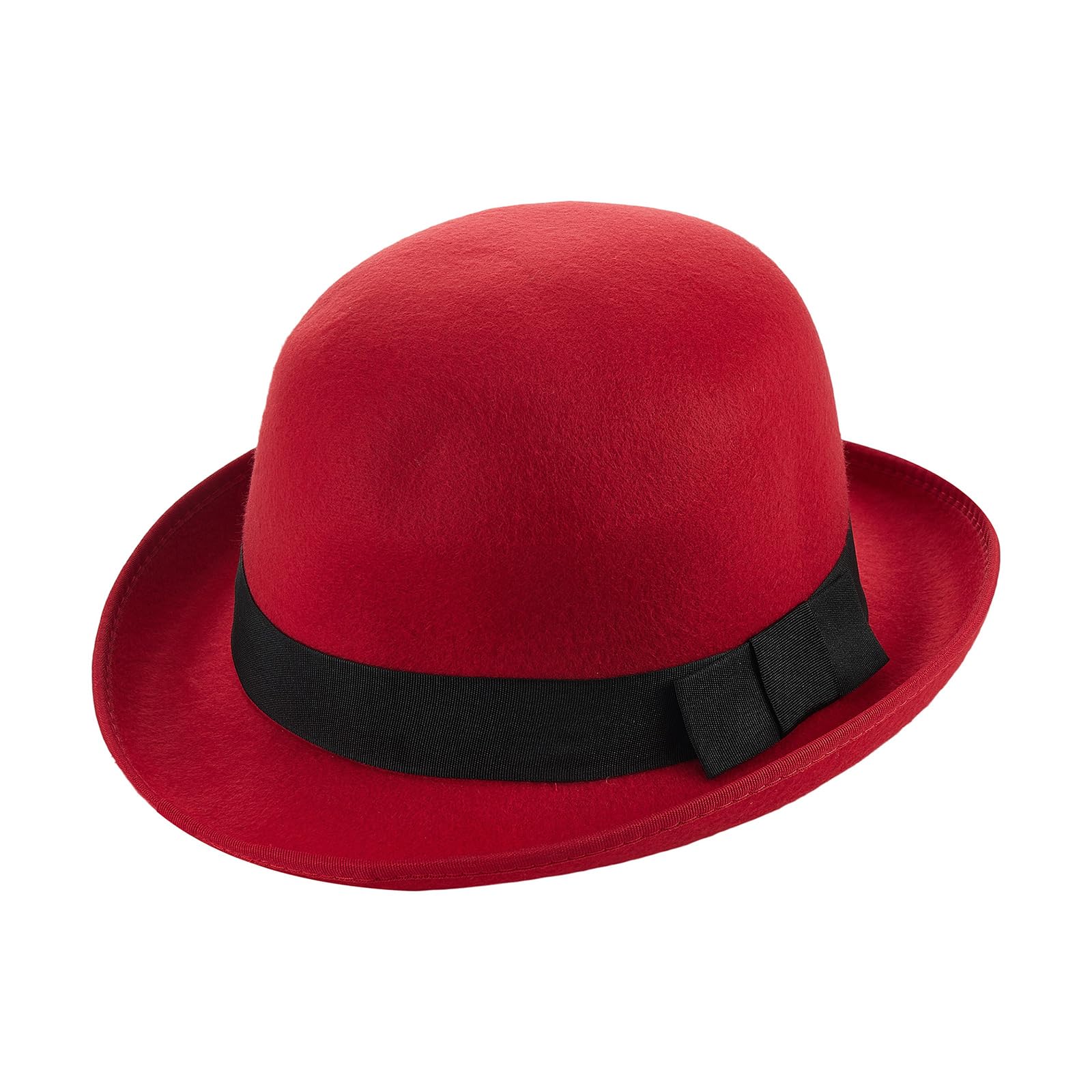 Anuedgis Men Women Classic Felt Bowler Hat Vintage Fedora with Band Black Ribbon Victorian Steampunk Cosplay Fancy Dress Costume Accessory (Red, ONE Size)