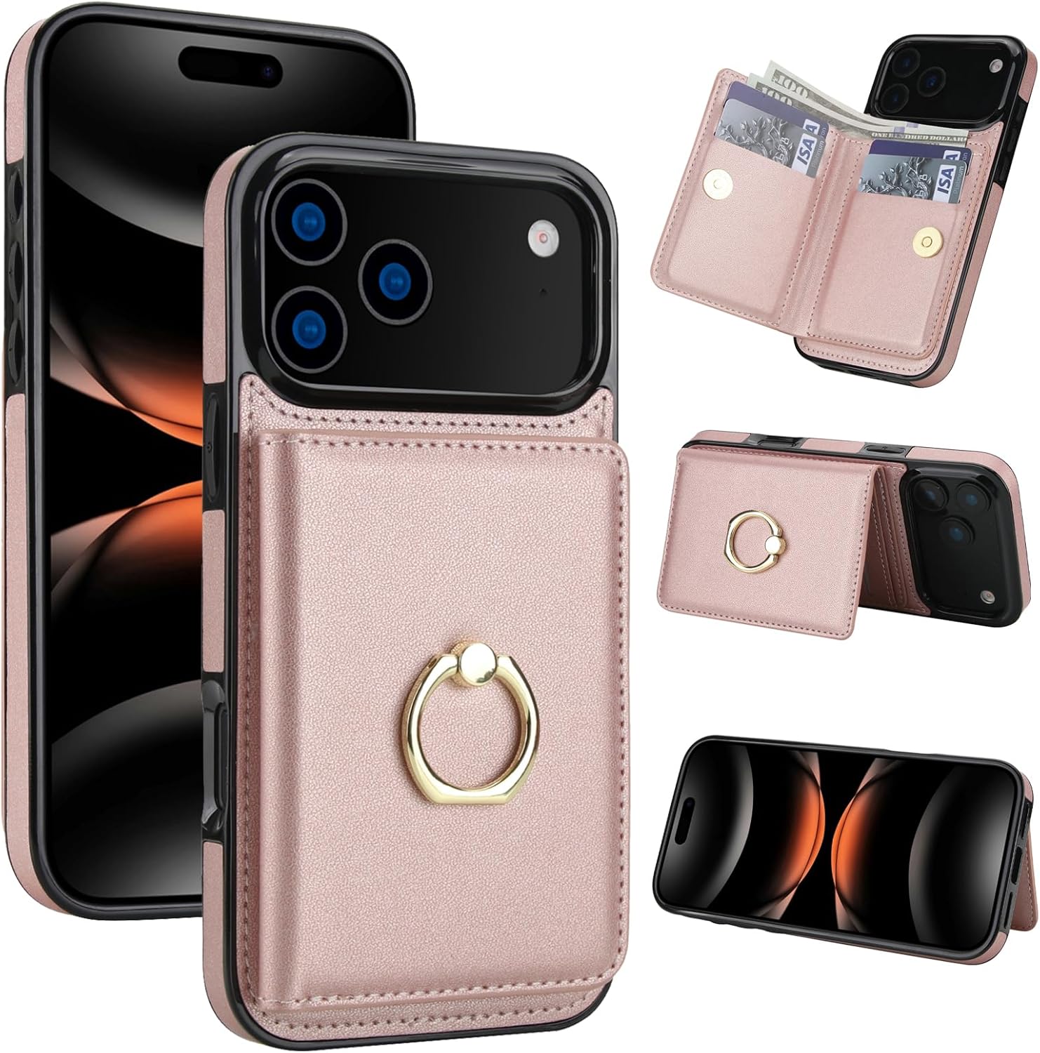 TIANLI Compatible with iPhone 17 Pro Max Wallet Case with Card Holder, 360° Rotation Ring Kickstand RFID Blocking PU Leather Double Magnetic Clasp Shockproof Cover for Women Man, Rose Gold