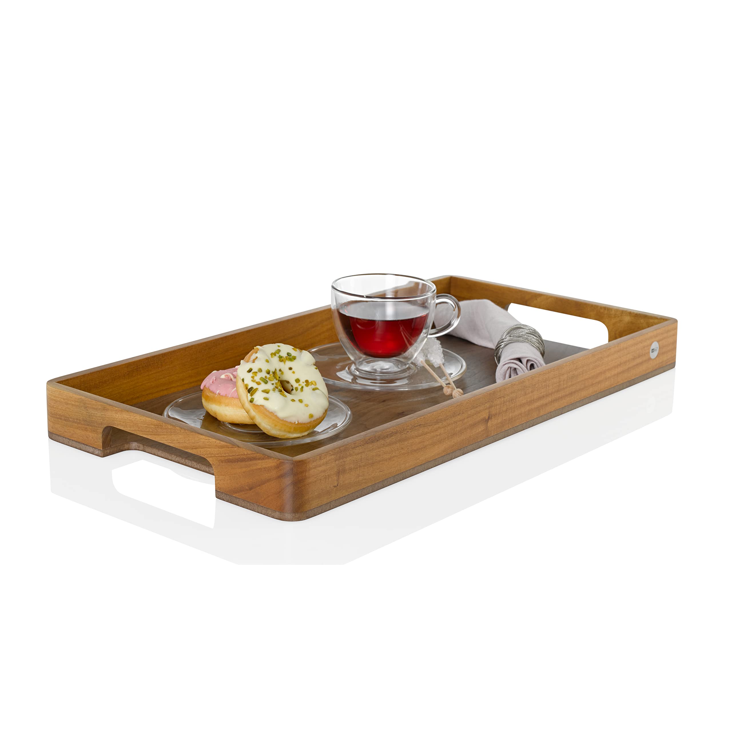AdHoc Serve Smart Holztablett mit Griff, Serviertablett | Großes Tablett aus Akazienholz mit walnussfurniertem Boden, 56 × 30 cm