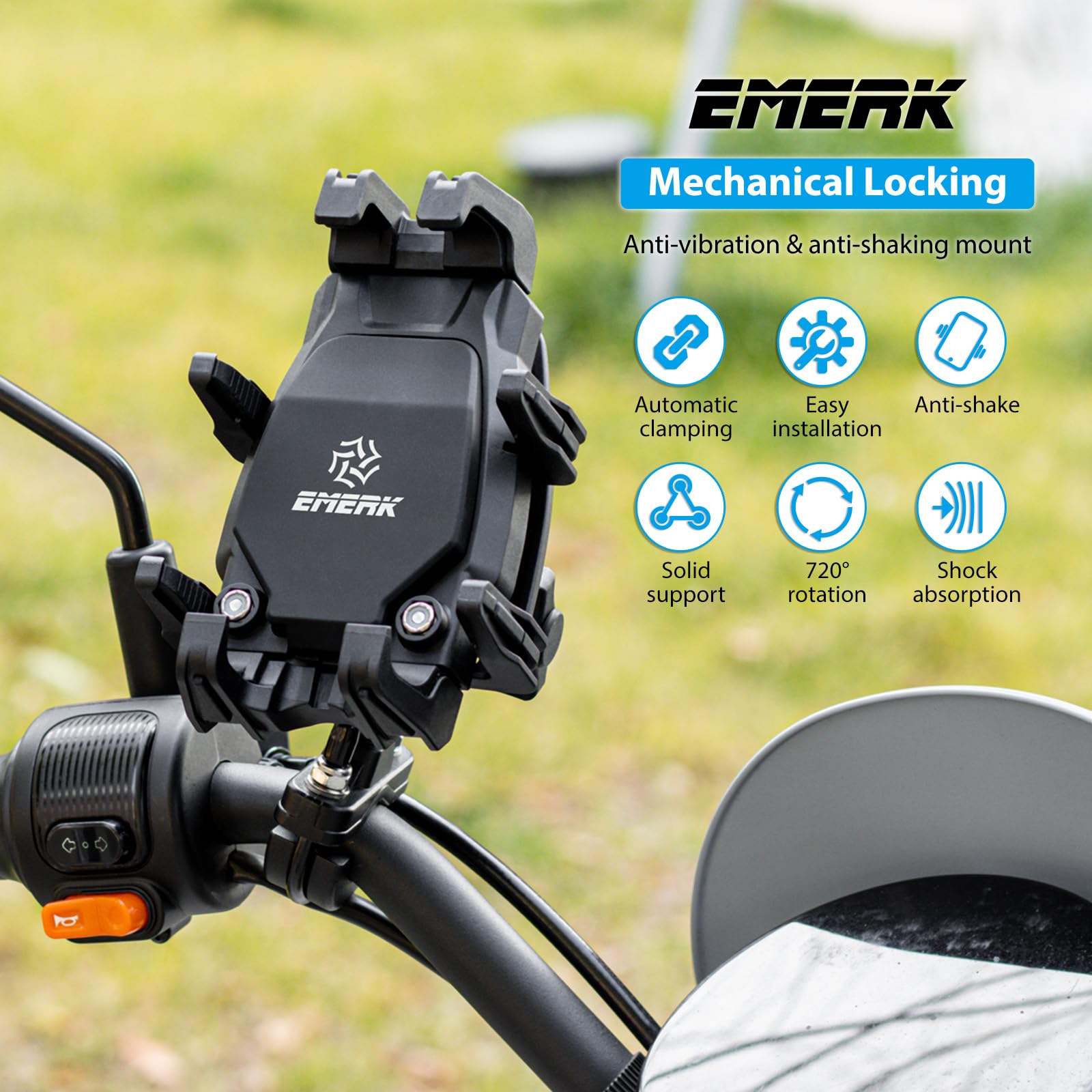 EMERK Soporte para teléfono de motocicleta con amortiguador de vibración, soporte antirrobo para teléfono de motocicleta, soporte para teléfono móvil ajustable para bicicleta, bicicleta, carretera