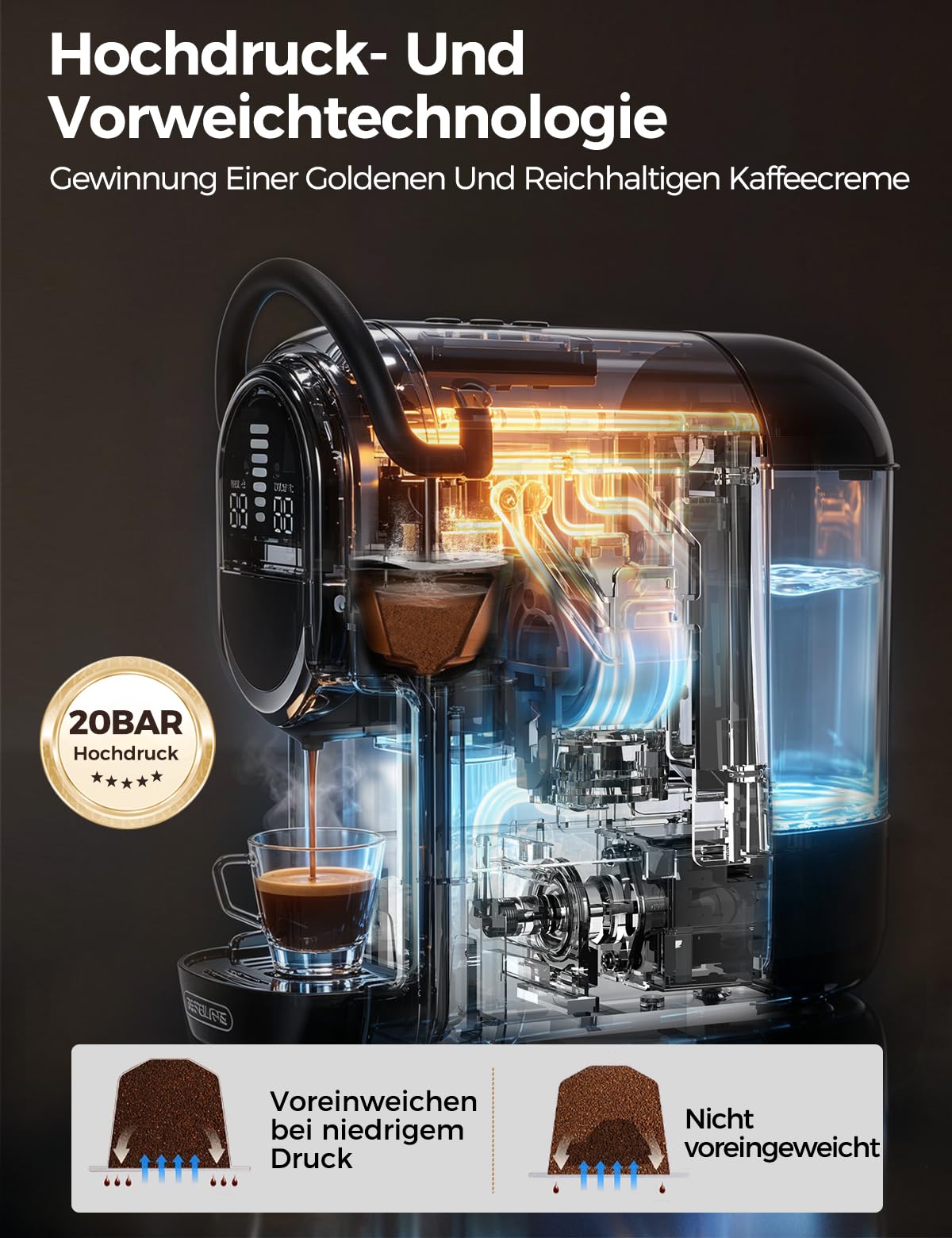 CAFELFFE Ekspres do kawy na kapsułki 4 w 1, 20 bar, zbiornik na wodę 600 ml, 7-stopniowa regulacja ilości wody i temperatury, kompatybilny z wkładami NS*/DG*/ESE i kawą w proszku, czarny