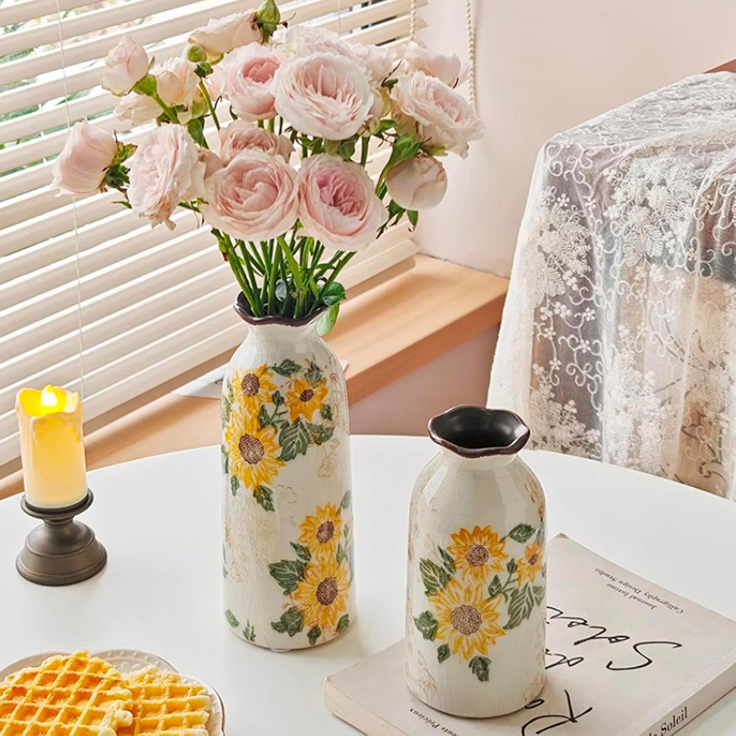 Rustic Ceramic Vase Set, Chinoiserie Sunflower and Beige Vintage Flower Vase of 3, Handmade Distressed Farmhouse Cracked Glazed Small Vases, Pottery Clay Vase for Home Decor, Living Room, Bookshelf