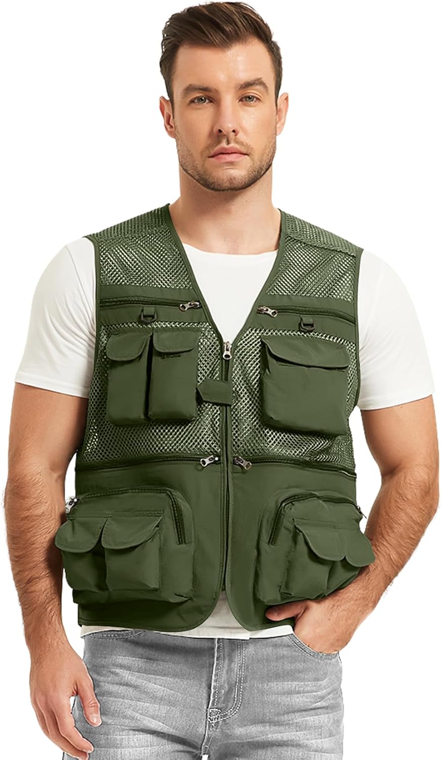 Flygo Men's Fishing Vest Utility Lightweight Outdoor Travel Safari Photo Cargo Vest with 16 Pockets - Image 2