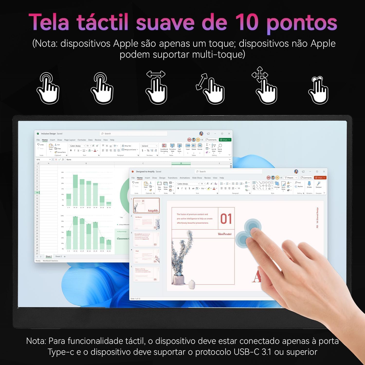 Monitor portátil de 15,6 polegadas com capa protetora, conectividade USB-C HDMI Full HD 1080p e alto-falantes integrados, compatível - Preto