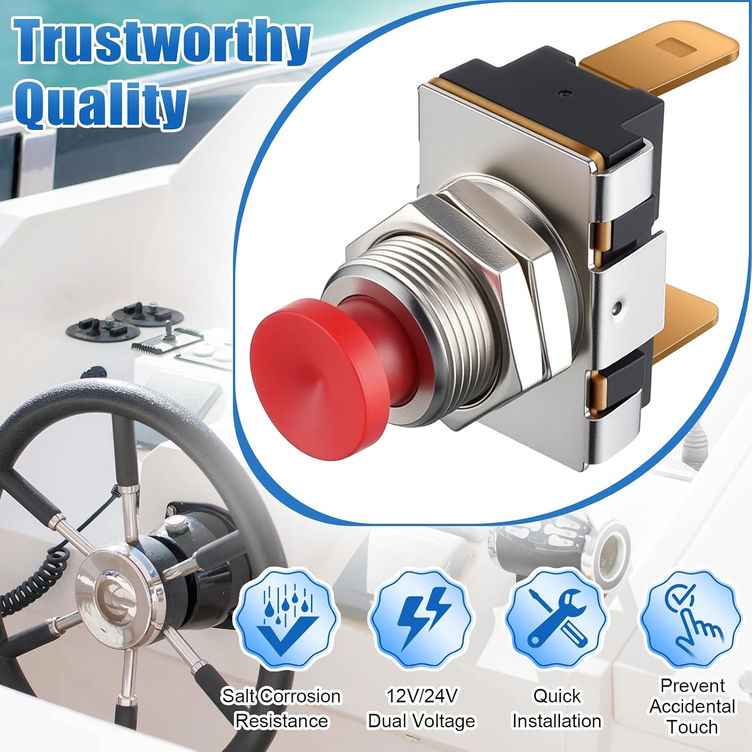 Horn Button, Boat Horn Switch, SPST Momentary Contact Switch, 12V/24V Dual Voltage, Red Button MOM On Off, Screw Terminals 15A/10A Corrosion Resistant Push On Off for Boat Trumpet Electrical(1 Pcs)