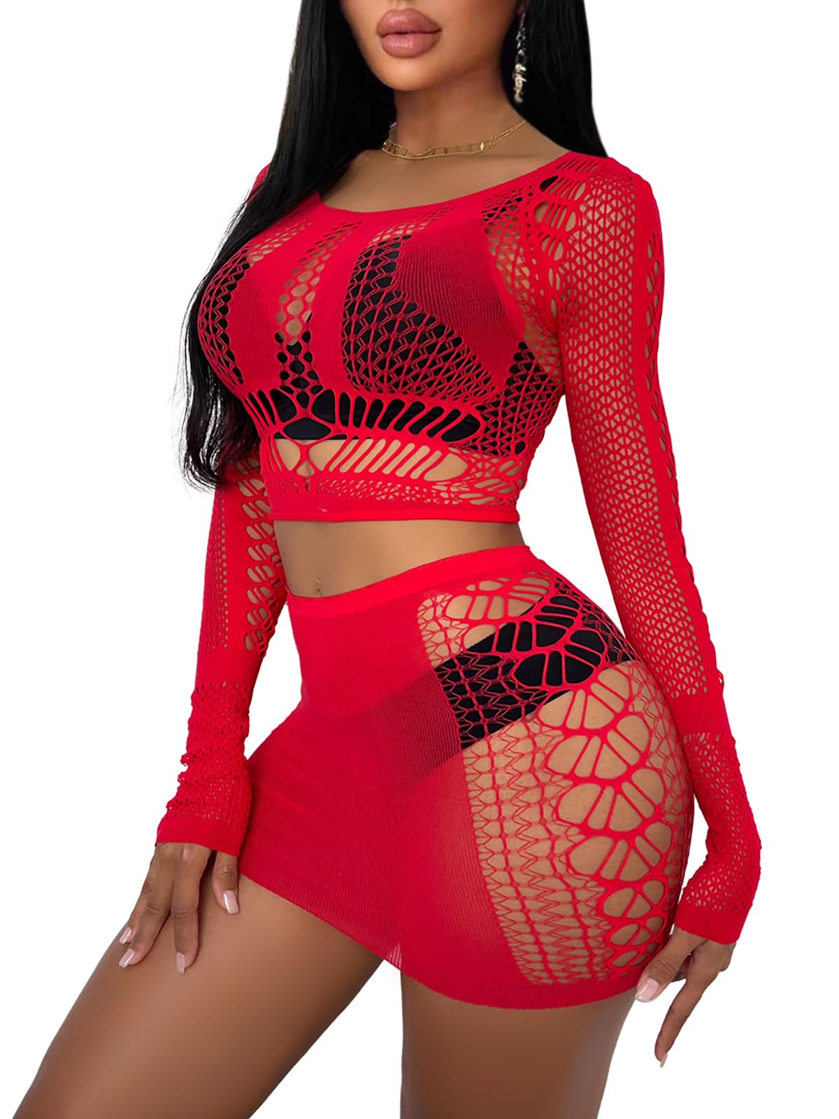 Buitifo Women Lingerie Set Sexy Mesh Two Piece Sets Long Sleeve Tops and Bodycon Skirts Sleepwear Nightwear Set(Red,M)