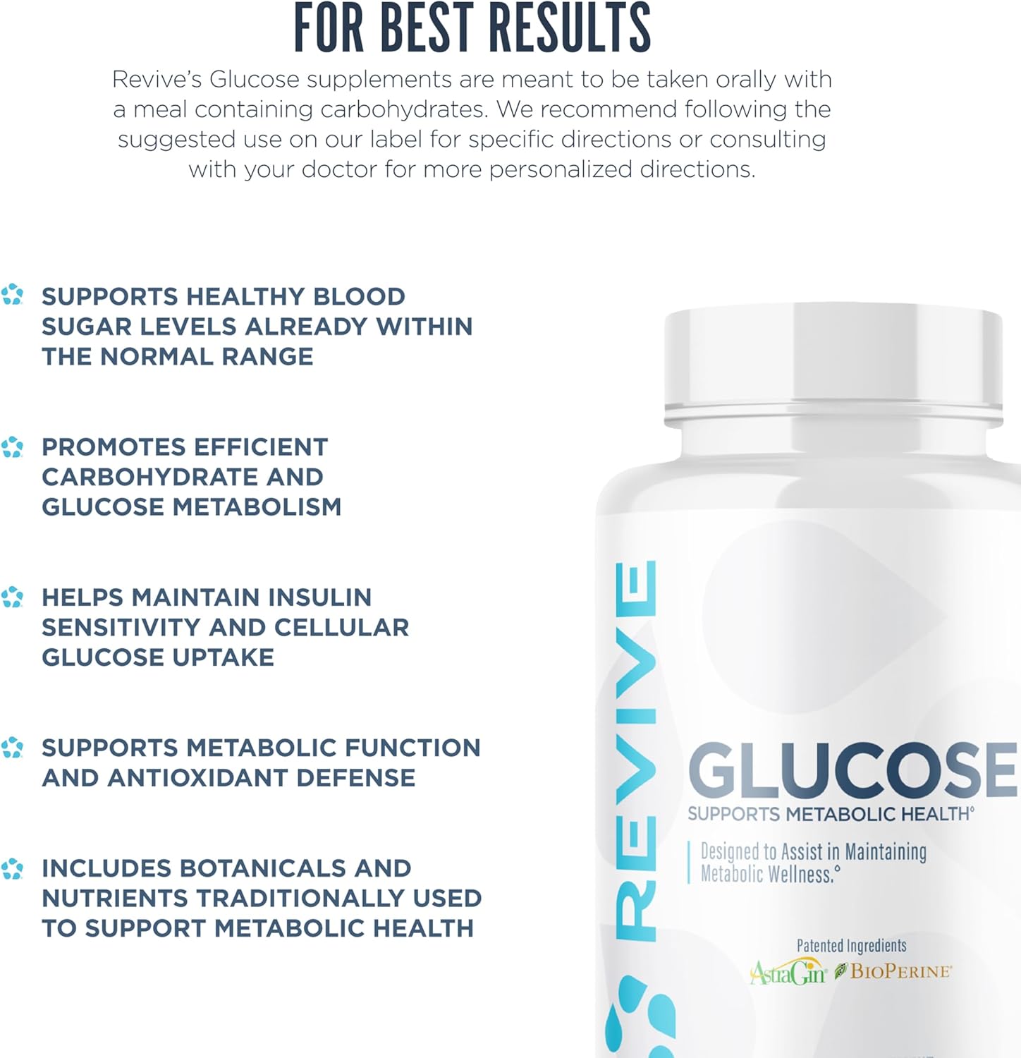 Revive MD Glucose Support Supplement for Men & Women - Glucose Supplement Supports Metabolic Health for Healthy Blood Sugar Levels - Blend of Botanical Extracts & Essential Nutrients (30 Servings)