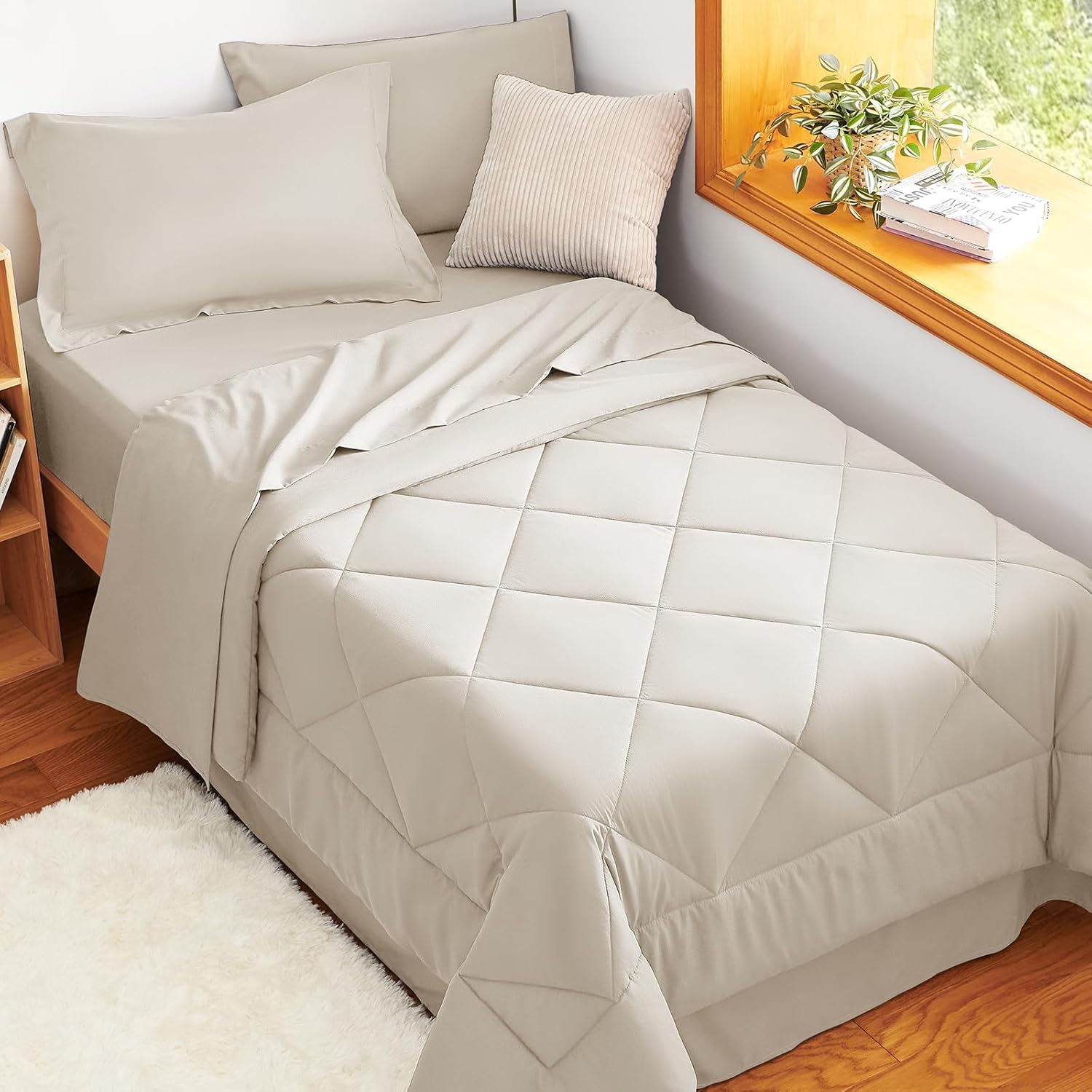 CozyLux Twin XL Comforter Set Beige - 5 Pieces Twin Extra Long Bed in a Bag for College Dorm, All Season Bedding Set for Girls and Boys, Soft Bed Set with Comforter, Sheets, Pillowcase & Sham - Image 5