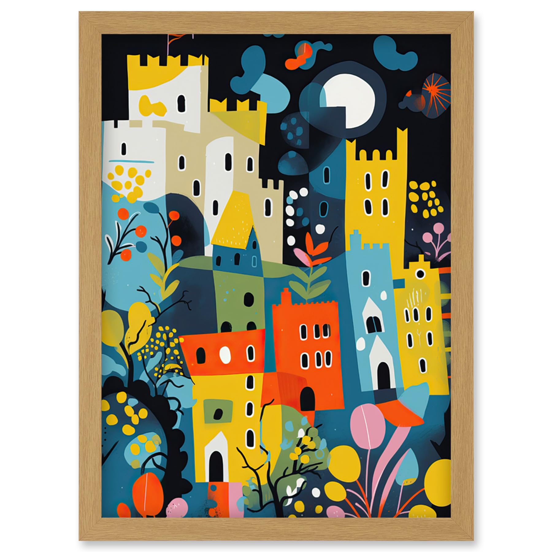 Artery8 Nottingham at Night Abstract Folk Art Cityscape Artwork Framed Wall Art Print A4