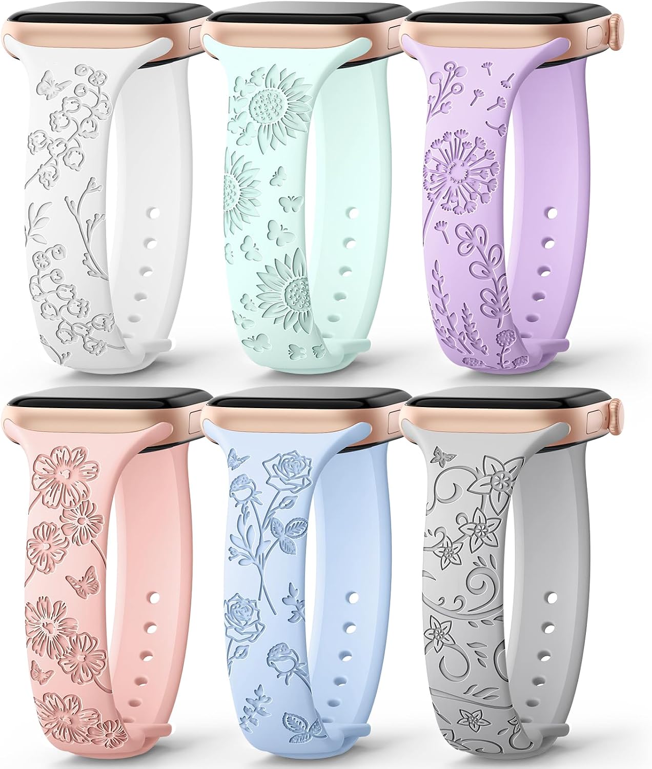 6 Pack Slim Floral Engraved Band Compatible with Apple Watch Band for Women