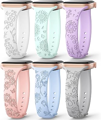 6 Pack Slim Floral Engraved Band Compatible with Apple Watch Band for Women | Cute Silicone Sport Strap 40mm 41mm 42mm 38mm 44mm 45mm 46mm 49mmm Bands for iWatch Series 11 10 Ultra 9 8 7 6 5 4 3 2 1 SE