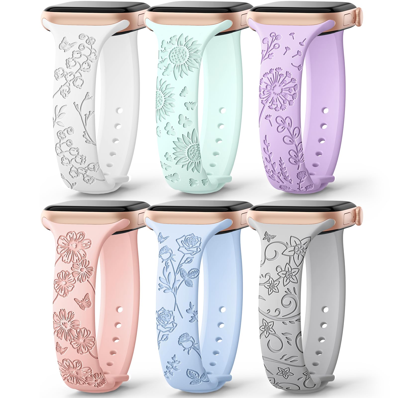 AMSKY 6 Pack Slim Floral Engraved Bands Compatible with Apple Watch Band 40mm 41mm 42mm 38mm 44mm 45mm 46mm 49mm for Women,Cute Silicone Sport Strap