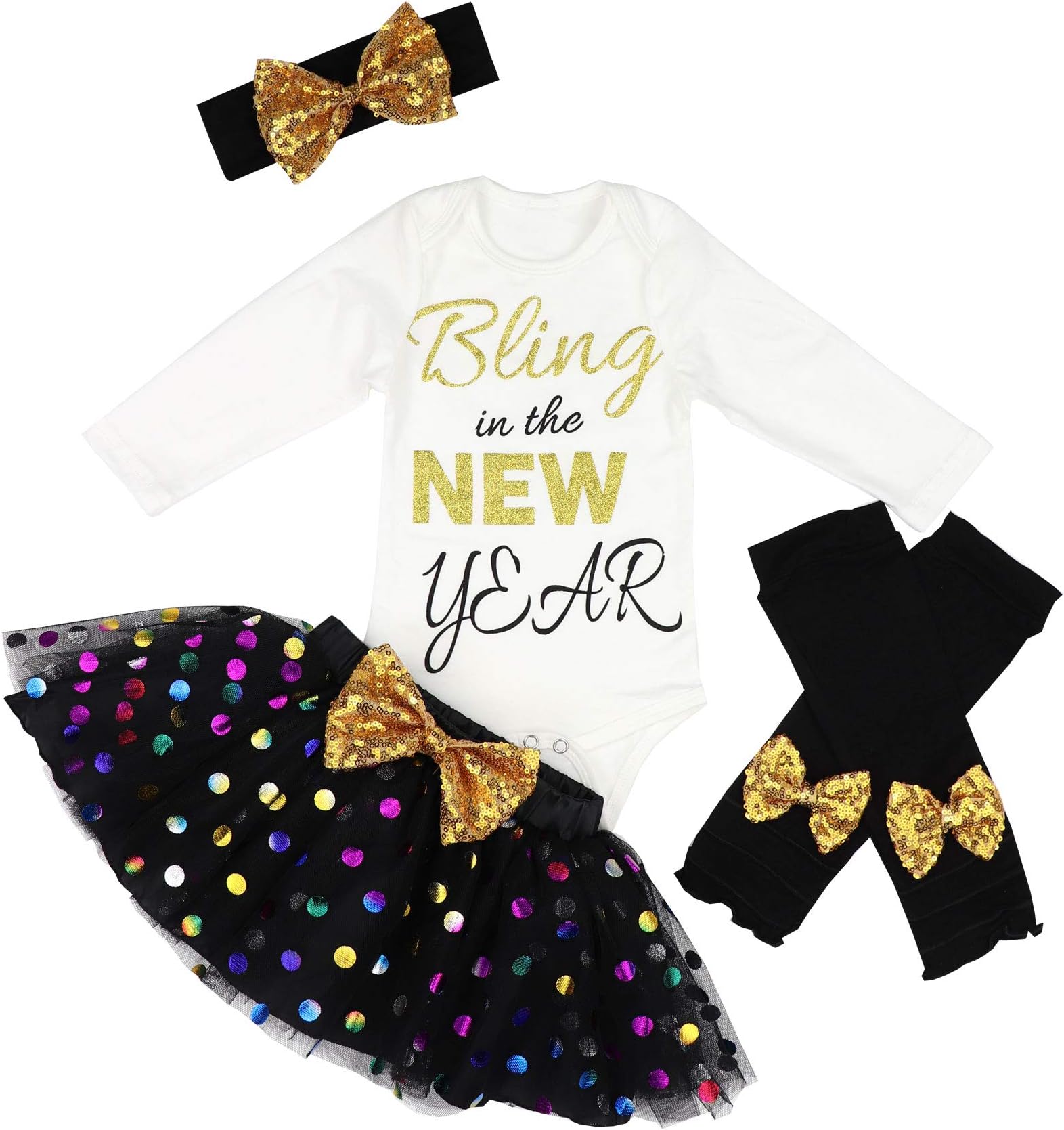 Baby Girl First New Year Tutu Dress Outfit My 1st New Year Romper + Leg Warmers + Headband+Tutu Dress