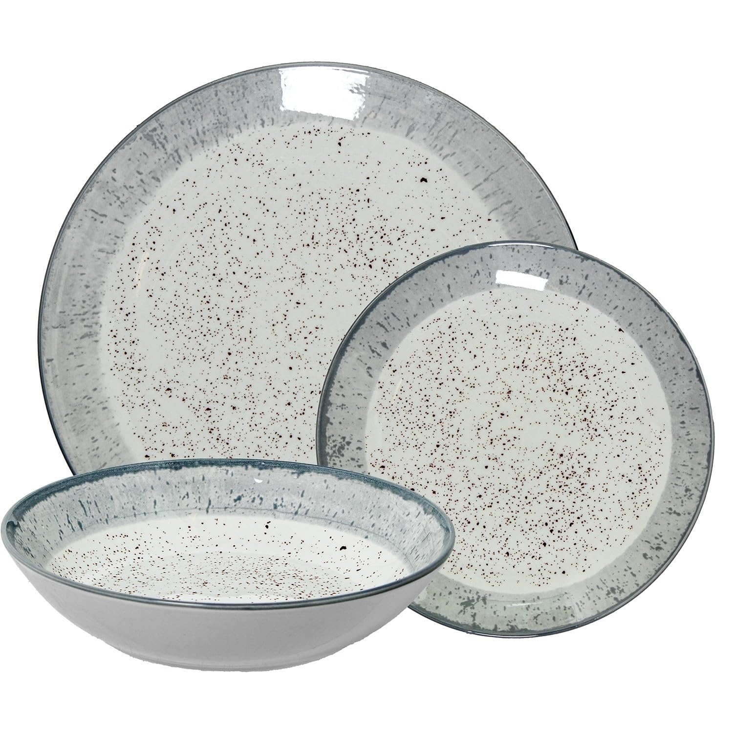 Vajilla de 18 piezas de porcelana con decoracion moteado y borde gris estilo gres 26x6x26 cm