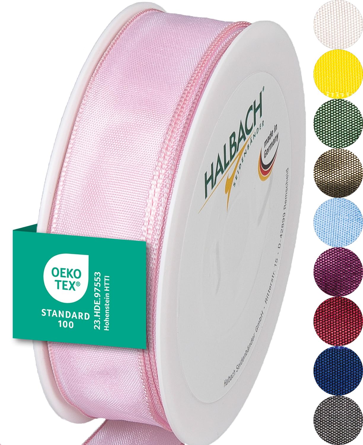 Halbach Seidenbänder Premium Geschenkband mit Drahtkante | Breite 25mm Länge 25m | Öko-Tex 100 zertifiziertes Schleifenband | Taftband Made in Germany, Farbe: hellrosa, Rosa