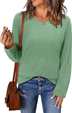 ONLYSHE Women's Casual Striped Long Sleeve Tops Crew Neck Knit Basic Loose Fit T Shirts Fall Fashion Tunic Outfits