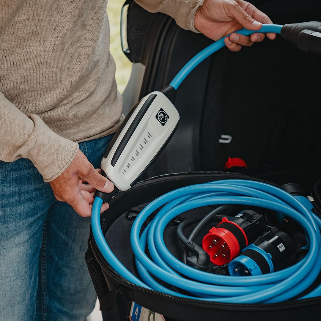 NRGkick 32A 10m optymalny zestaw, mobilna stacja ładująca do samochodów elektrycznych, ładowarka bez instalacji, w zestawie. adaptery 32A i 16A + wtyczka Schuko, kabel do ładowania EV z torbą