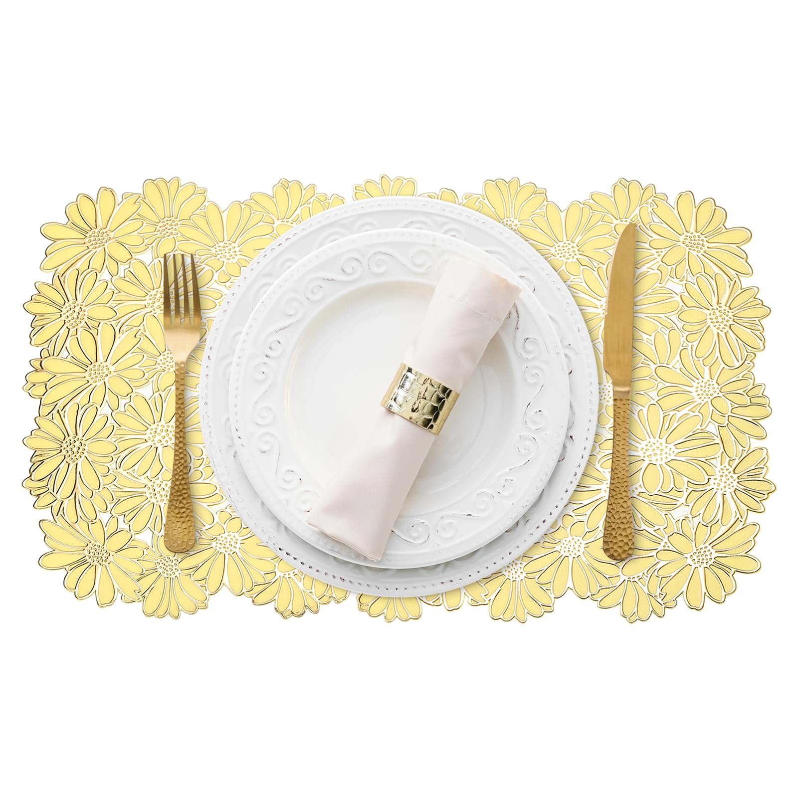 sourcing map 4Pcs Gold Rectangle Placemats, 30x45cm Metallic Dinner Table Mats Hollow Floral Out Pressed Non-Slip Wipeable Hot Dish Pad Trivet Pot Rest for Dining Tables Kitchen Party Wedding