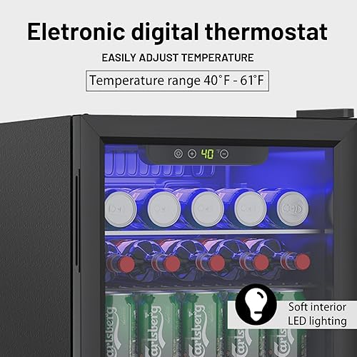 Miniatura 4 de Mini refrigerador de 2.6 pies cúbicos para 95 latas, refrigerador de bebidas con puerta de vidrio y pantalla digital, refrigerador pequeño de