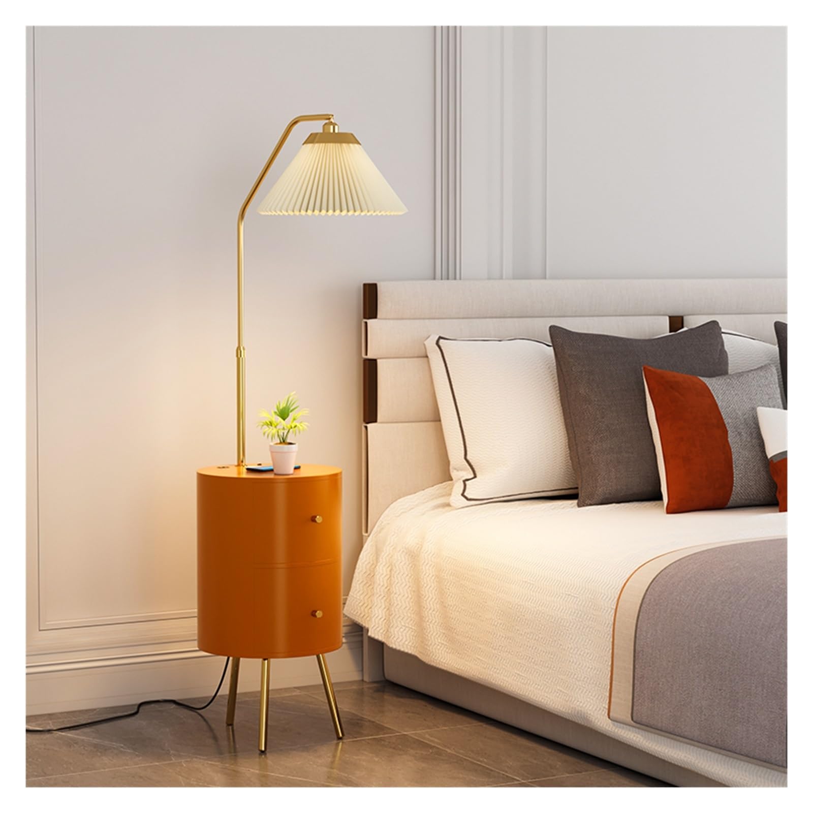 LJHFG63KUYT Standing Lamps Round Smart led nightstand with lamp & Wireless Charging Station 3-Color LED Bulb,Modern Bedside Table with 2 Wood Drawers Decorate(Orange)