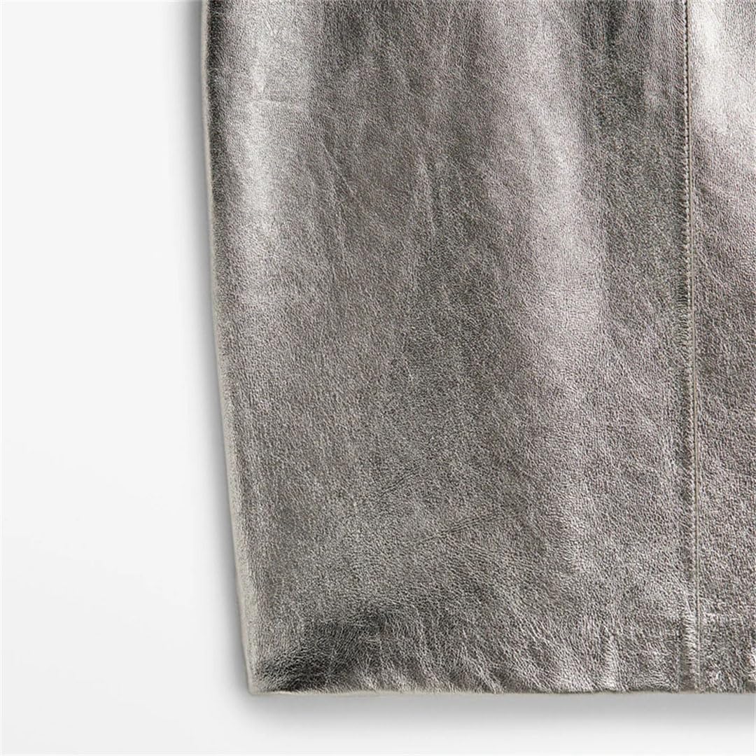 Damska skórzana srebrna spódnica midi Slim Fit Metal Gloss Brillant Sheepskin Short Wrap