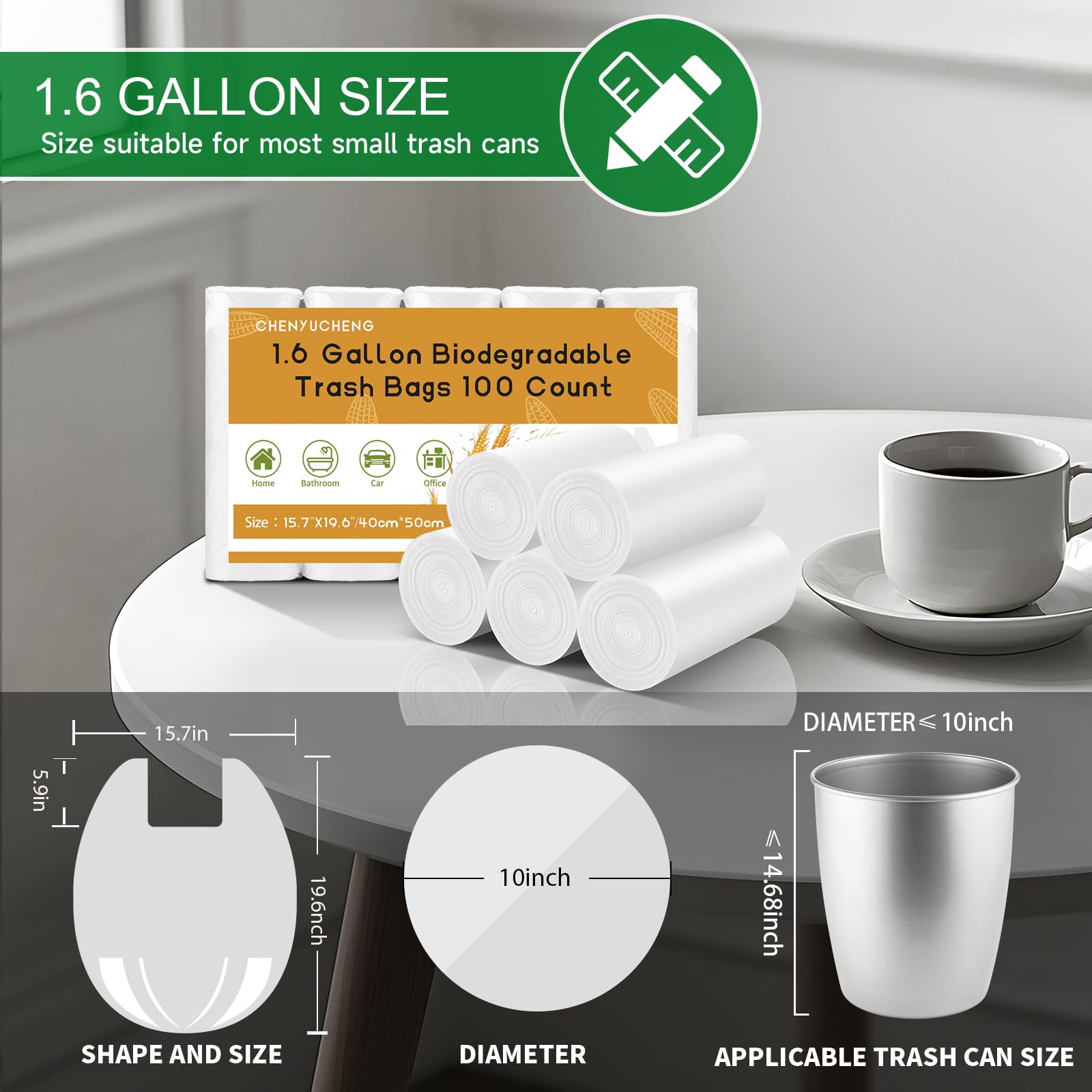 Mini bolsas de basura de 1.6 galones para baño, con asas, pequeñas bolsas de basura blancas (ajuste de 1.3 a 1.5 galones), 100 unidades de 6 litros, biodegradables, compost, bolsas de basura sin