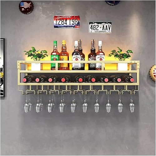 PENGFEI Estante de vino LED montado en la pared, colgante de metal industrial para botella de vino y soporte de vidrio, estantes flotantes grandes,