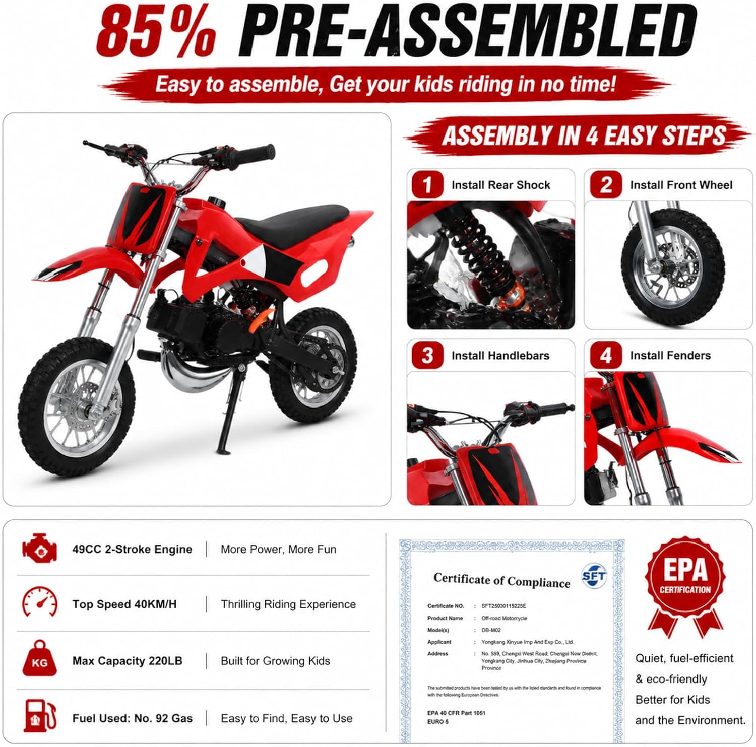 49cc 2-Stroke Kids Dirt Bike, Gas Power Motocross Off Road Mini Motorcycle, Children Pocket Bike with Disc Brakes, 40km/h Max Speed, Pull Start (Red)