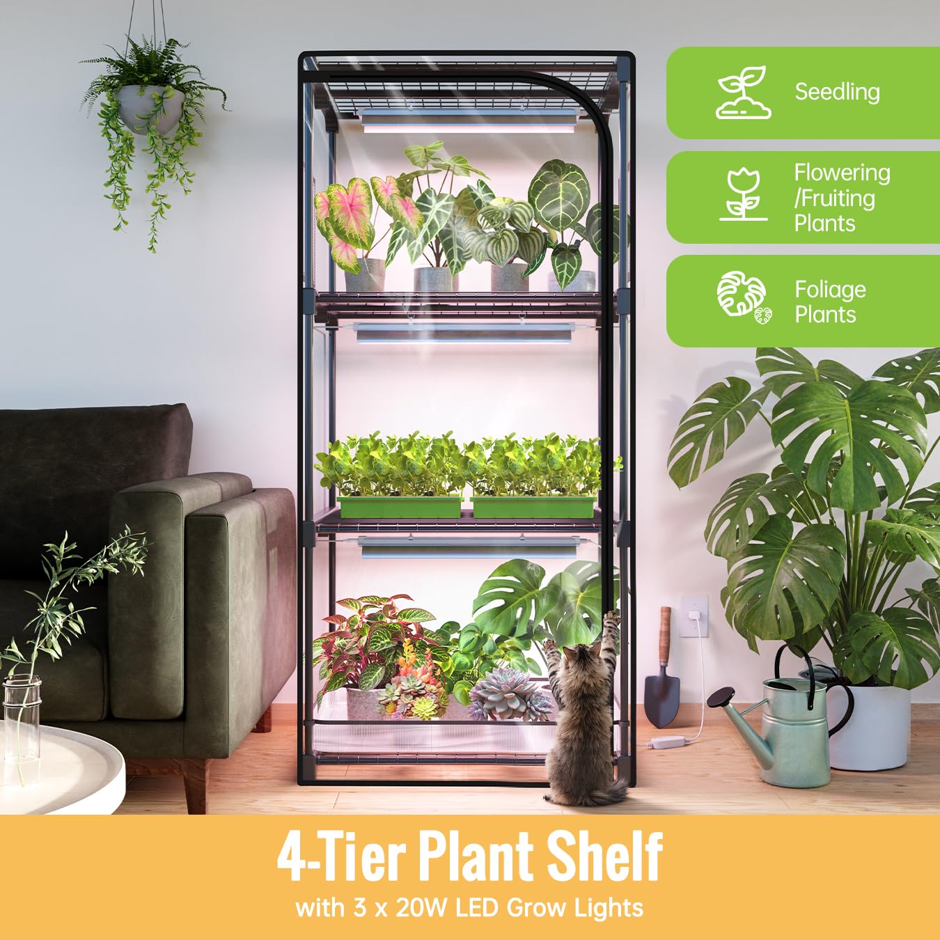 Invernadero interior con luz de crecimiento, soporte para plantas de 4 niveles con tienda de PVC con cremallera, ventana de ventilación, bolsa inferior, luz de planta de espectro completo de