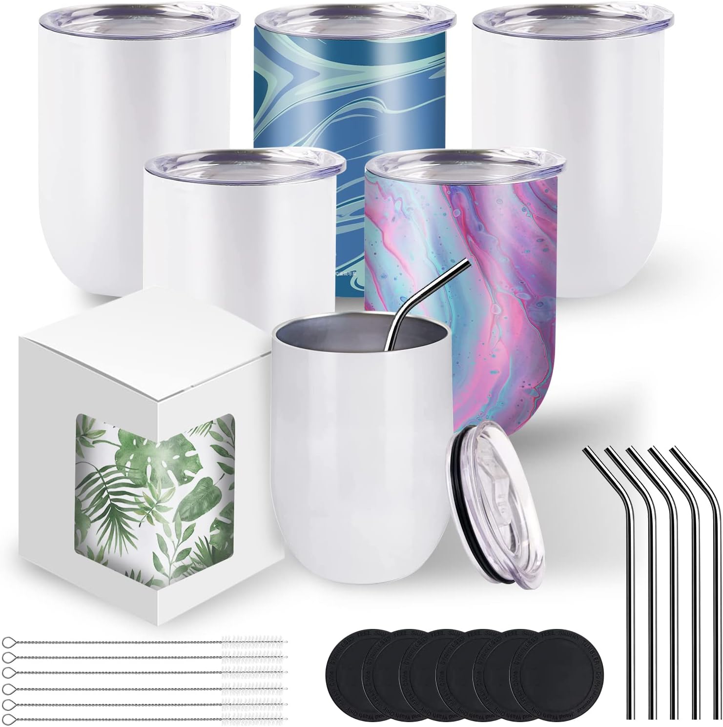 BetterSub 6 Sets 12oz Sublimation Blanks Wine Tumblers Straight, Double Wall Insulated Stainless