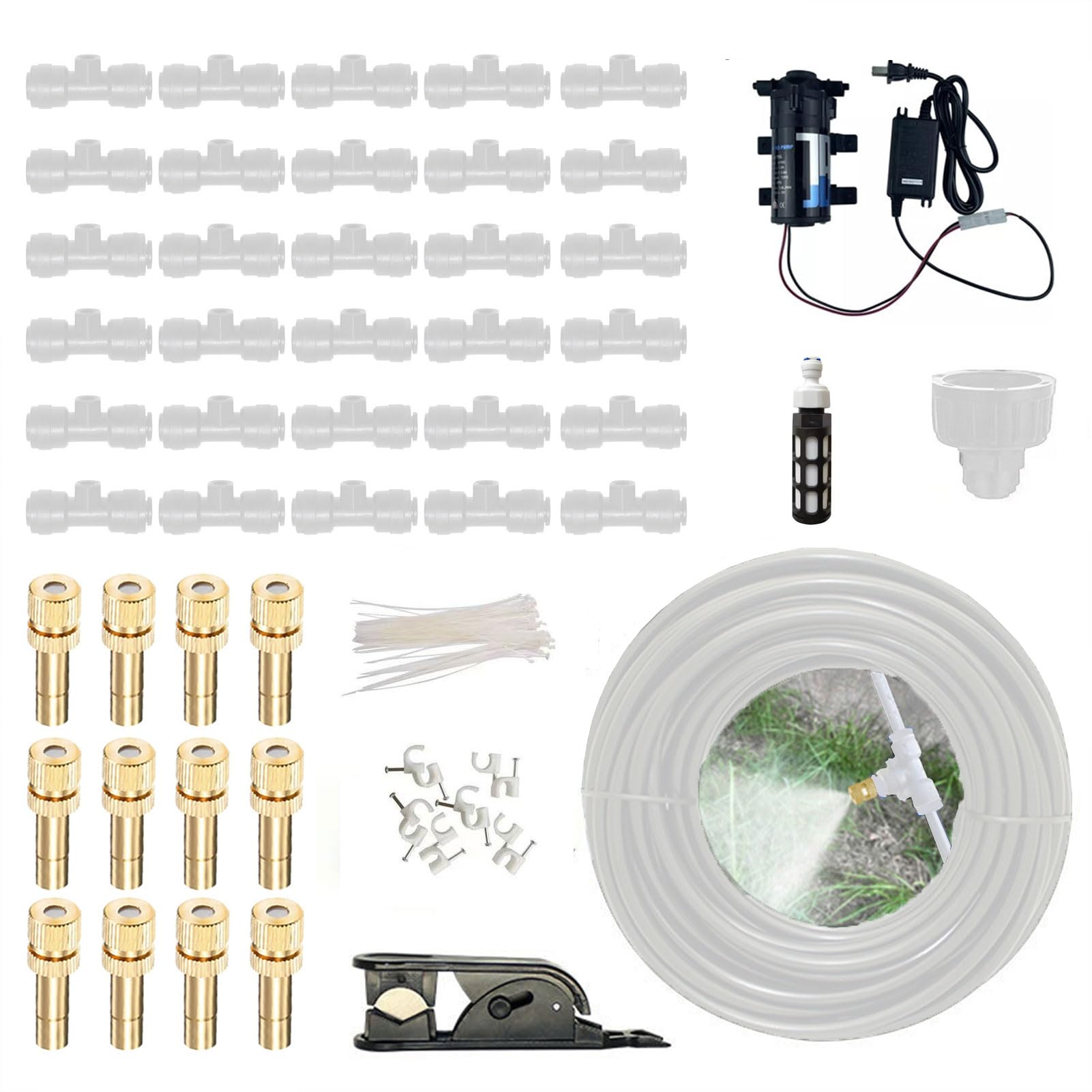 Sprühnebel Kühlung Set mit Pumpe, Kühlsystem für den Außenbereich, Outdoor Misting System mit Messing Nebeldüsen, DIY-Pflanzenbewässerungs-Set Garten Gewächshaus Pavillon Wasserzerstäuber