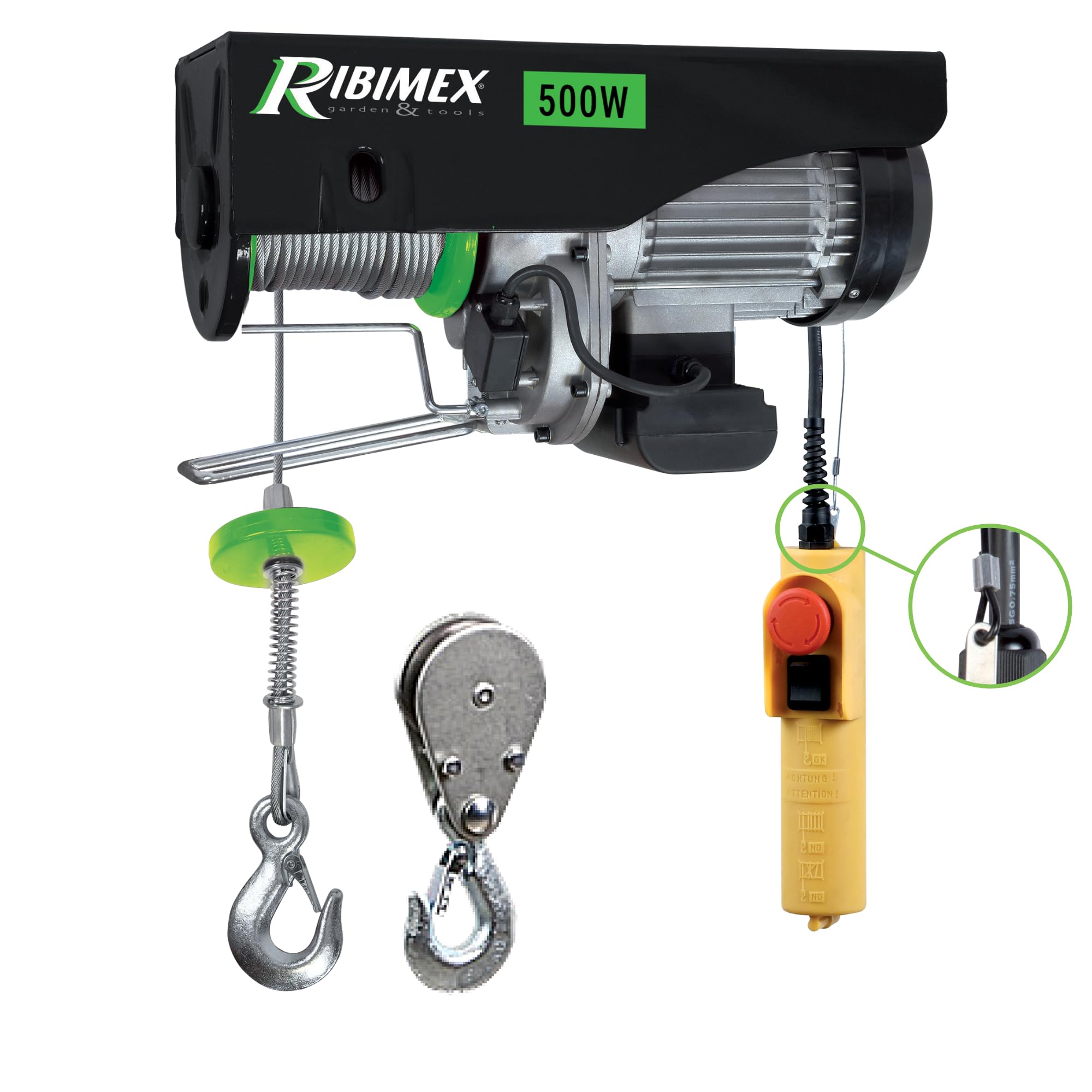 Ribimex Paranco Elettrico da 125/​250 Kg con Puleggia, Motore Monofase da 500 W, Cavo in Acciaio di 18 m, Velocità di Sollevamento Fino a 8 m/​min per Uso Domestico e Industriale - PE125/​250C/​1