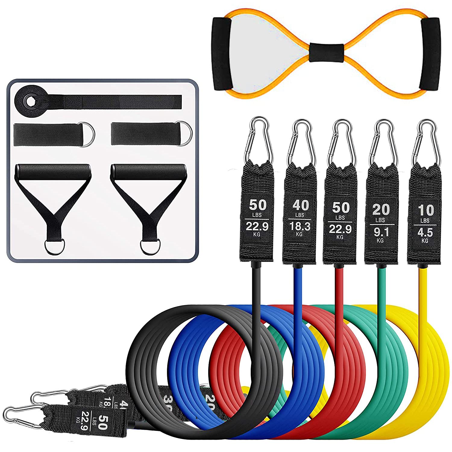 Portable Latex Door Anchor 8 Shape Exercise Band with Double Tube, Handles and Carry Bag Set for Men and Women (100Lbs)