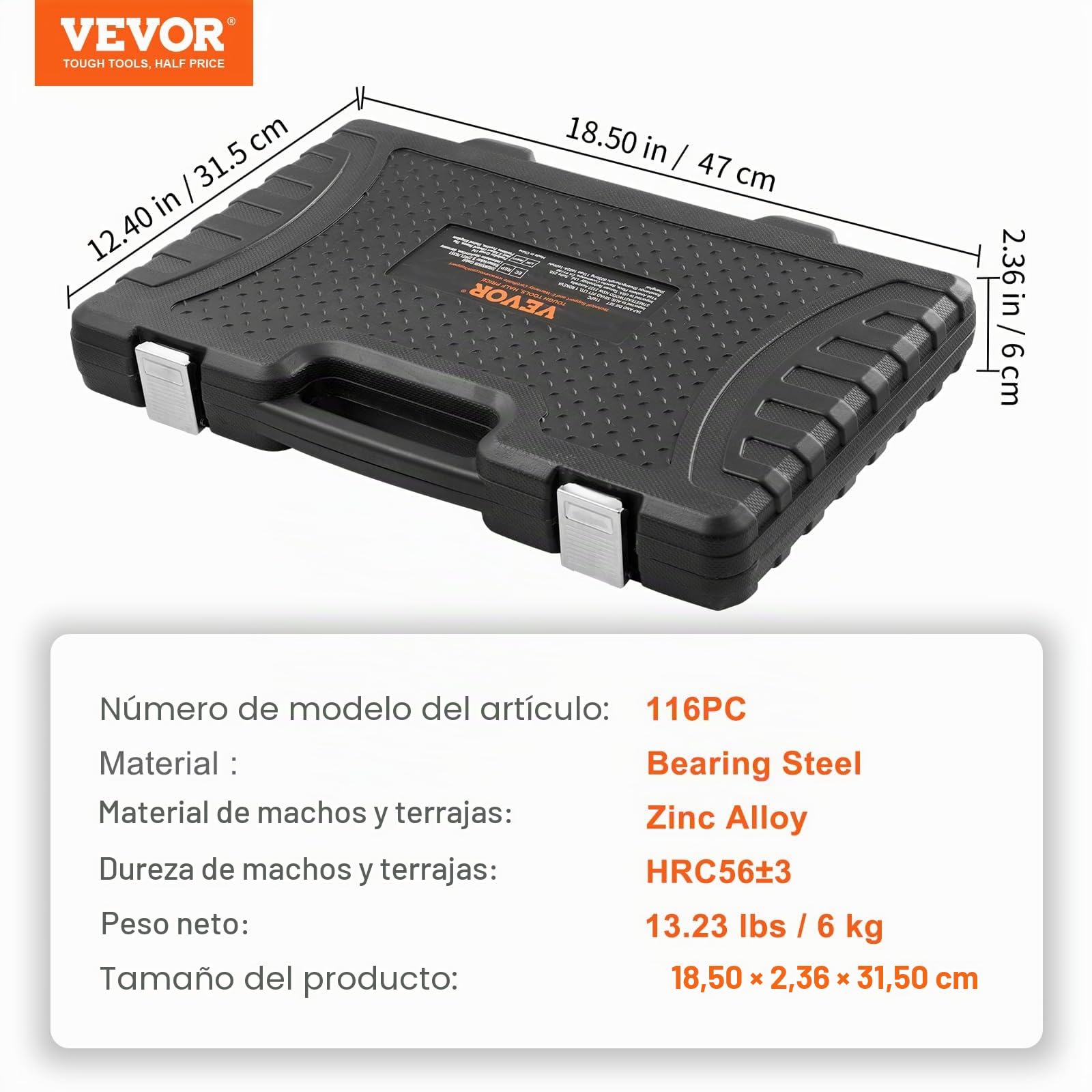VEVOR Juego de Machos y Matrices 116 PCS Métrico M3-M18 Kit de Roscado y Roscado de Acero SAE Maletín de Transporte Herramientas para Roscado y Roscado Construcción Reparación de Automóviles Plomería