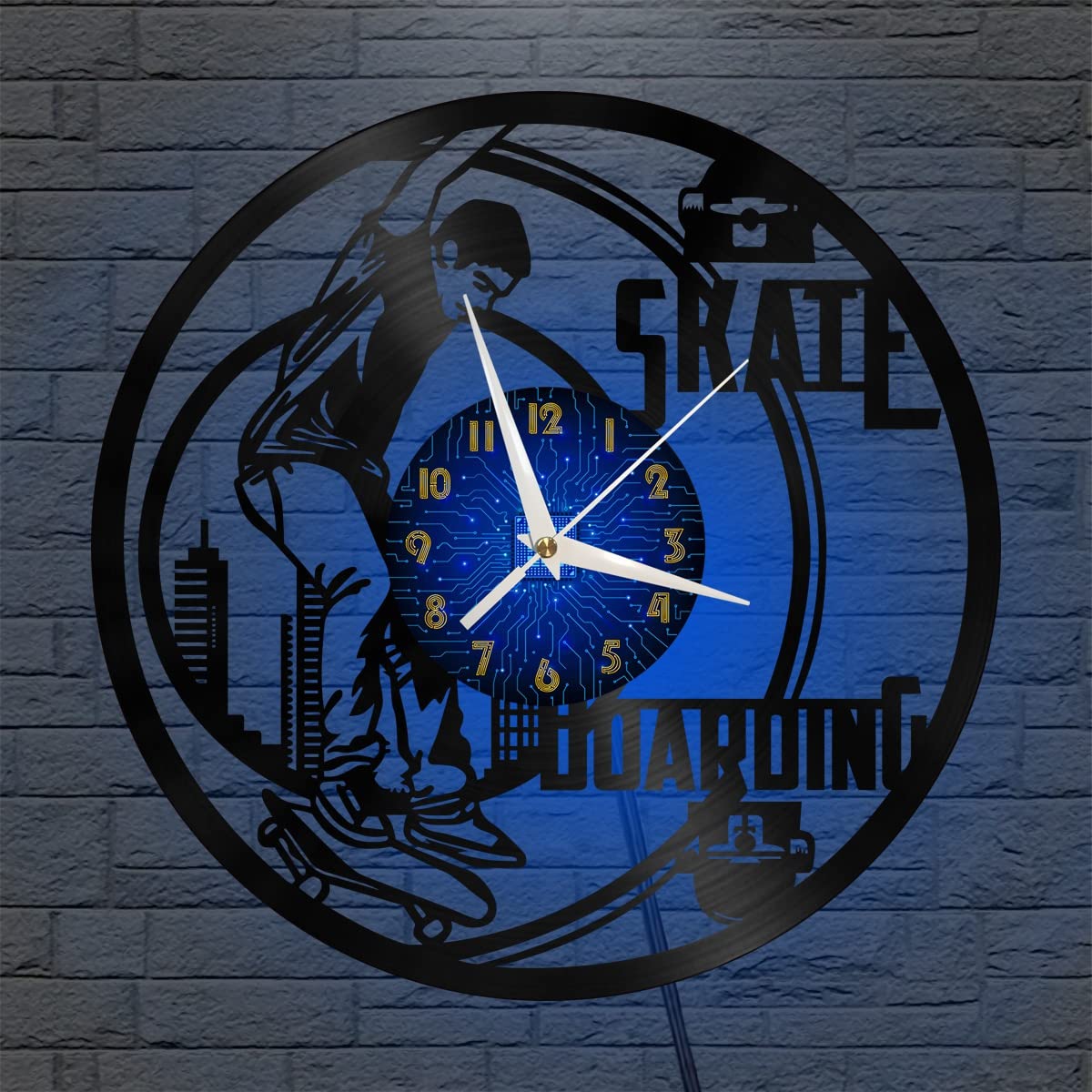 Horloge murale vinyle skate avec LED 30 cm noir pour salon