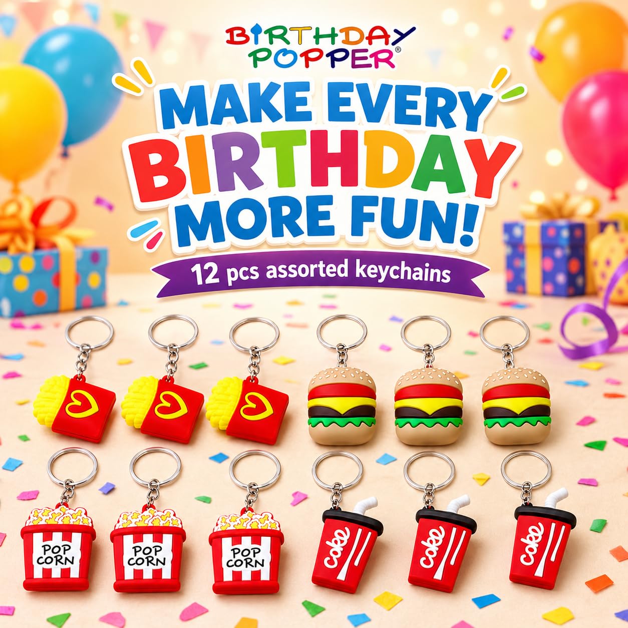 Birthday Popper Birthday Return Gift for Kids, 12 Fast Food Keychains