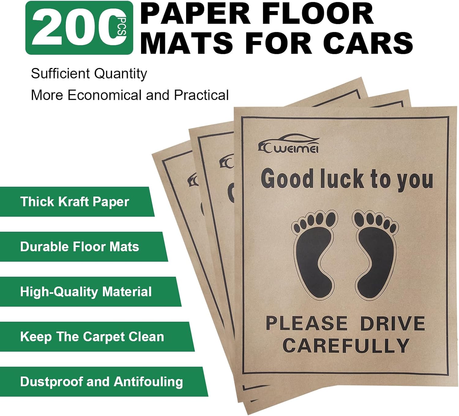 200Pcs Protective Auto Floor Mat, Disposable Paper Floor Mats for Cars, Printed with Cute Footprint and Words Kraft Paper Automotive Floor Mat for Vehicles - 19.7"x15.7"