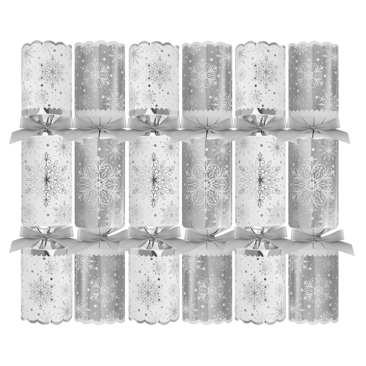 Yöl Silver Snowflake Pack Of 6 Deluxe White Christmas Crackers - 13.5" Metallic Festive Xmas Holiday Dinner Table Decorations - Novelty Fun Prizes Gifts Contains Hats Jokes
