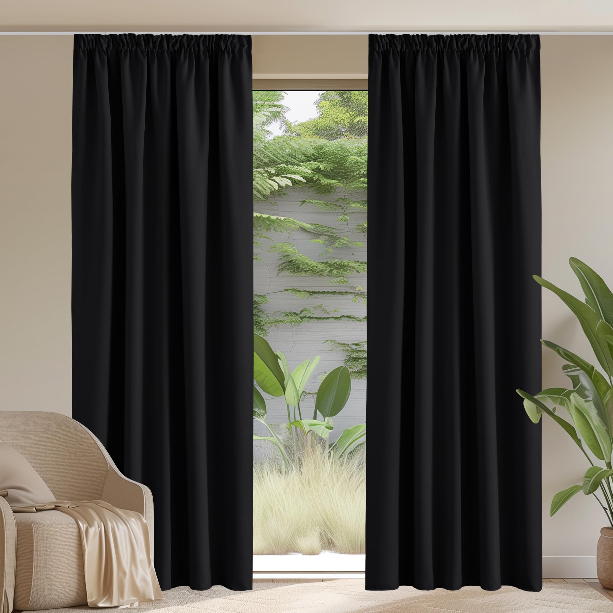 PONY DANCE Blackout Thermal Curtain Draperies - Light Blocking Room Darkening Pencil Pleat Curtain for Halloween Decor Window Treatment Energy Saving, 2 Panels, Black Curtains 90x90