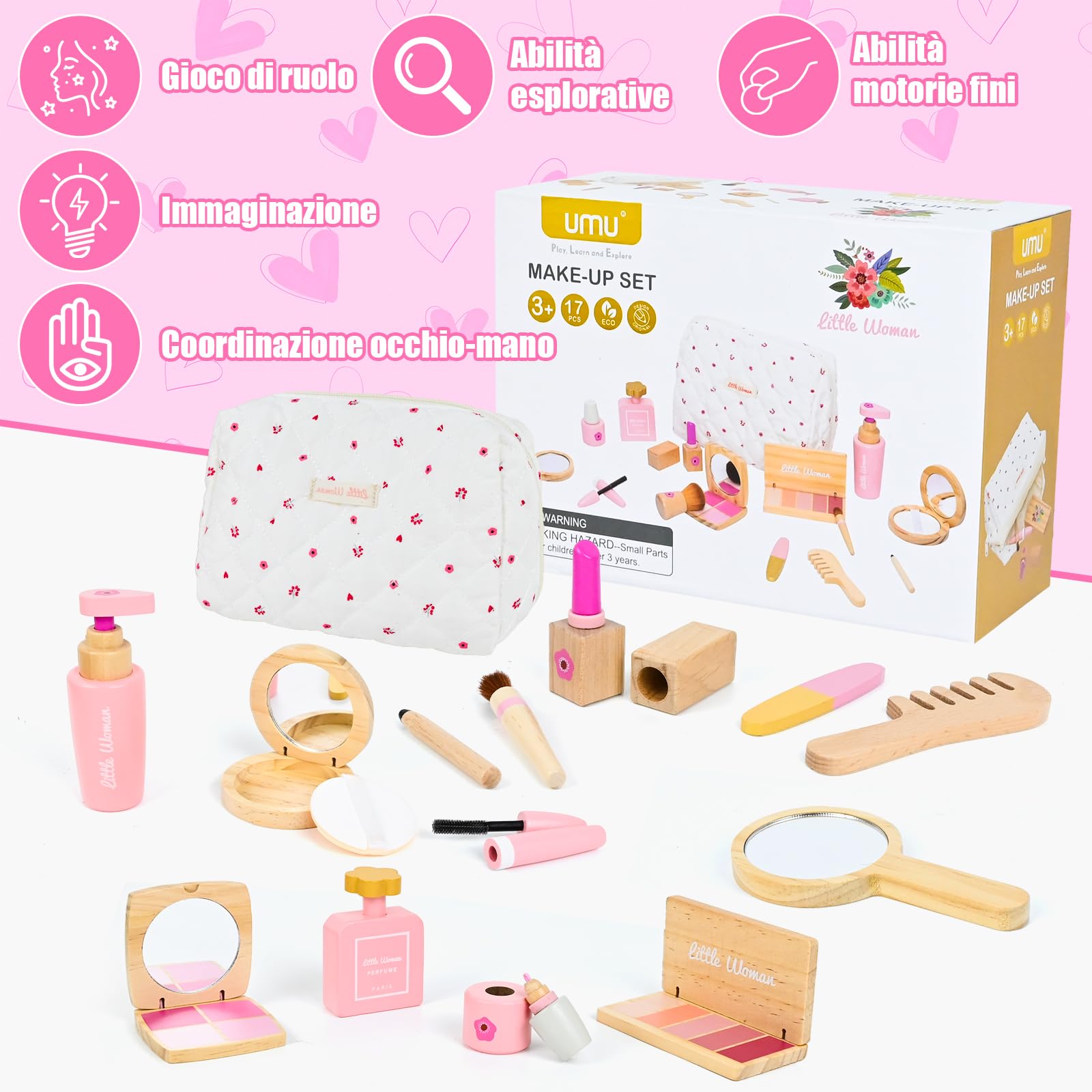 Joellfuner Set di trucchi per bambini, in legno, per bambini, in legno con fermagli per capelli e tatuaggi, gioco di ruolo, regalo di Natale per compleanno a partire dai 3 anni in su