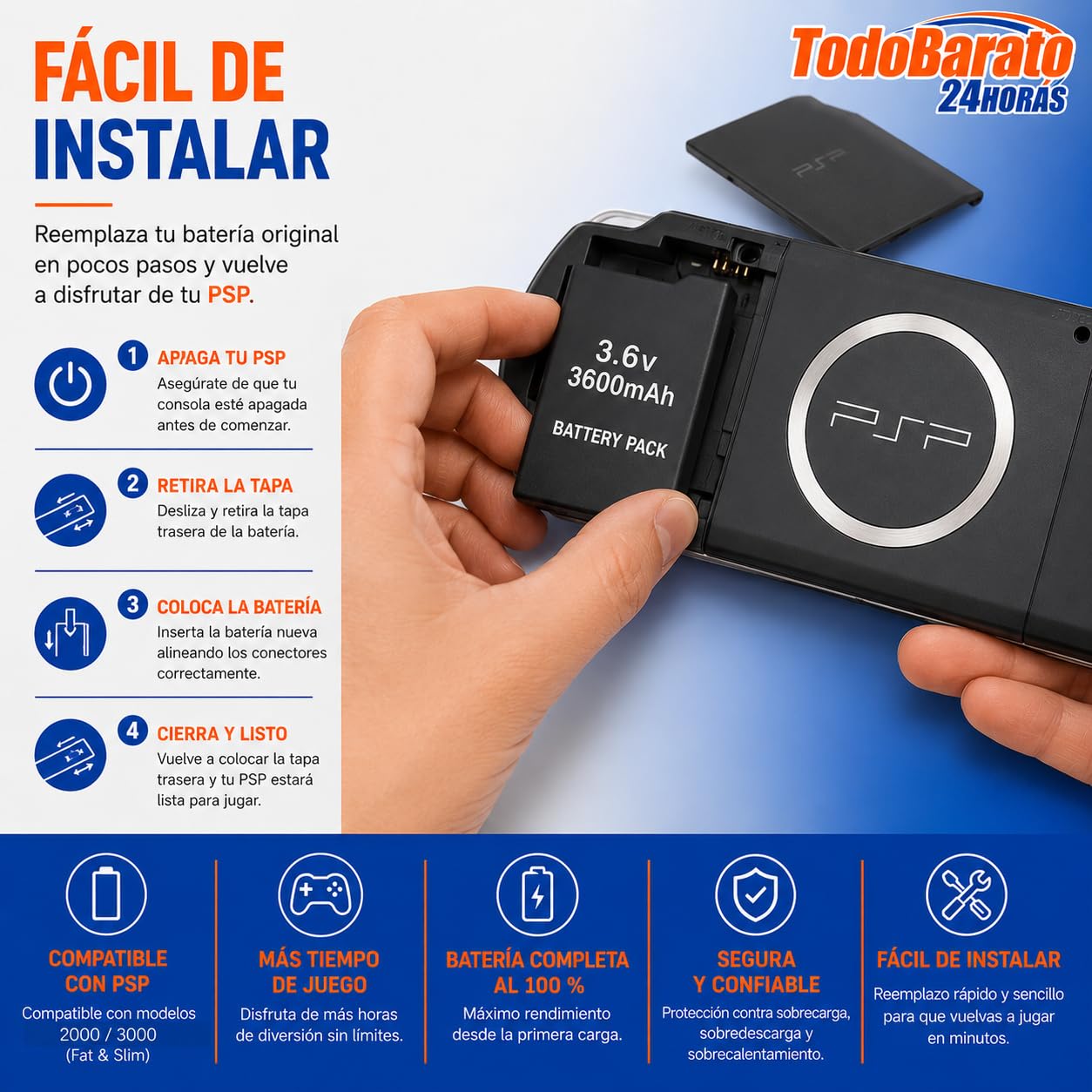 TD24H 2 x Bateria para Sony PSP Slim PSP-2000 / PSP-2004 3600 mAh | PSP Brite (PSP-3000 / PSP-3004) PSP-S110