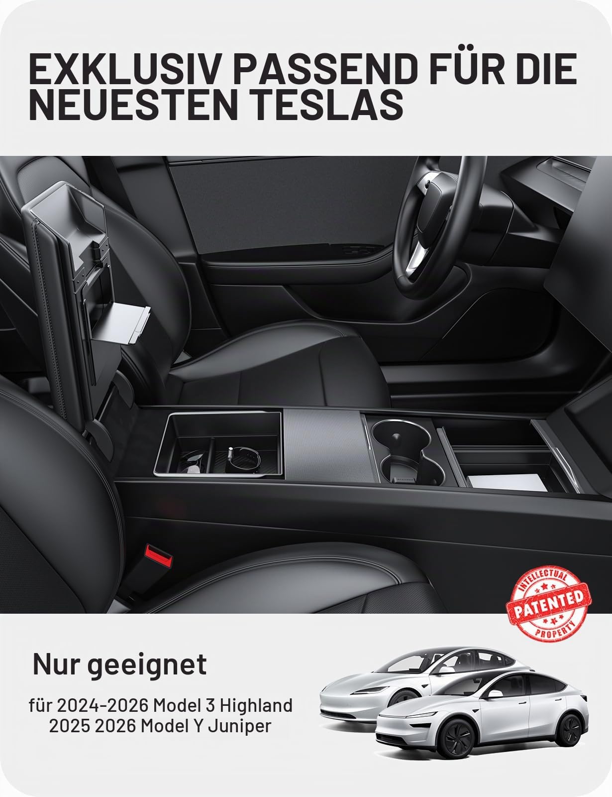 BASENOR 2024–2026 Model Y/3 Mittelkonsolen-Organizer-Ablage, Getränkehalter-Armlehnen-Staufach für Model Y Juniper Model 3 Highland